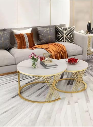 Image of Brown Art SHOPPEE Home Decor Furniture Round Coffee Table Sets,2 Piece MDF Top Couch Table,Stacking Nesting Table with Iron Frame for Living Room Living Room or Lounge (Gold & White)