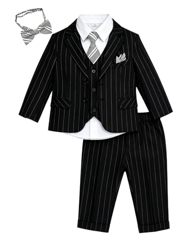 Image of Baby Boy Suits Formal Stripe Gentleman Tuxedo Suit Set Complete Dress Clothes Toddler Wedding Ring Bearer Outfit