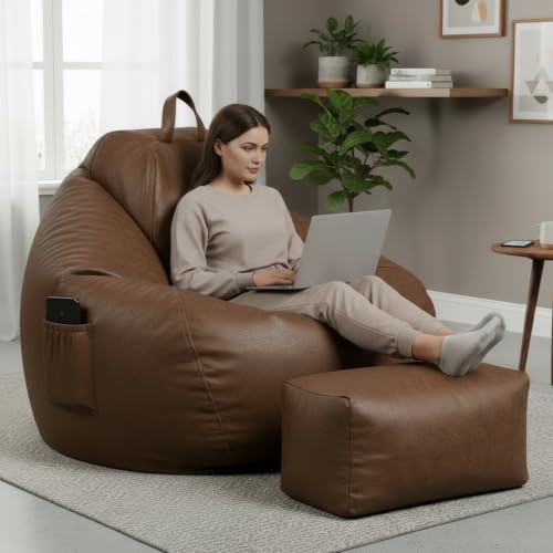 Image of KAM'S LIEU 5XL Premium Imported Suede Bean Bag Chair with Footrest & Cushion | Filled with High Density Polystyrene Beans | Premium Soft Fabric | Ready to Use Color- (Brown, 5XL)