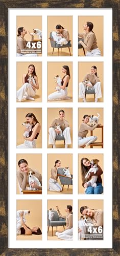 Image of DUENPY 14x32 Picture Frame 4x6 Collage Picture Frame Displays Fifteen 4x6 inch Photos Collage Wall Decor Wall Hanging Brown