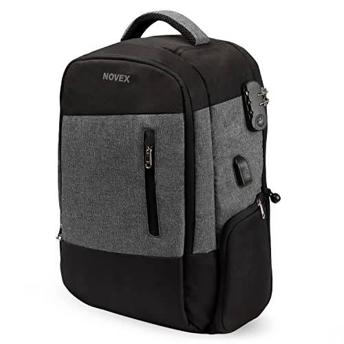 NOVEX Laptop Smart Backpack 25 Litre Anti Theft Water Resistant with Rain Cover | 15.6" Case for Office Travel | Grey & Black Carry-on USB Charging, Shoe Compartments for Men & Women - Number Lock (B0BYF2W7QB) Amazon Price History, Amazon Price Tracker