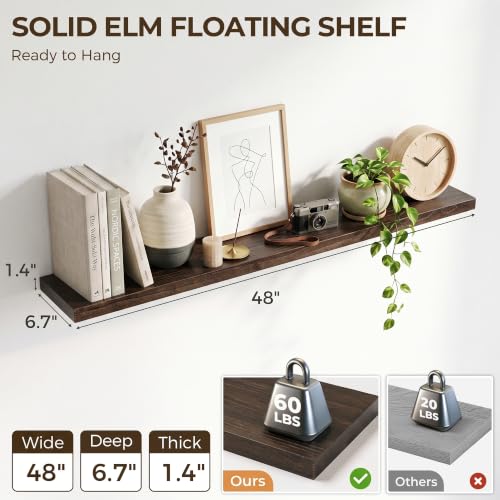 Image of Elm Floating Shelves for Wall - 48 in Rustic Solid Wood Shelves with Heavy-Duty Invisible Bracket, Wall-Mounted Wooden Shelf for Living Room, Bathroom, Kitchen Storage & Display, Set of 1, Walnut