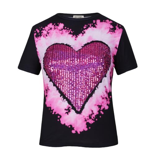 Image of PESION Womens Short Sleeve T-Shirt Sequined Tops O-Neck Funny Graphic Tees Blouse