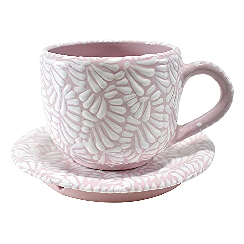 MAREY Coffee Plate & Mug Set Made of Poblan Skull Ceramic | 100% Handmade | Traditional Talavera Ceramic (Pink, Coffee 320 ml.)