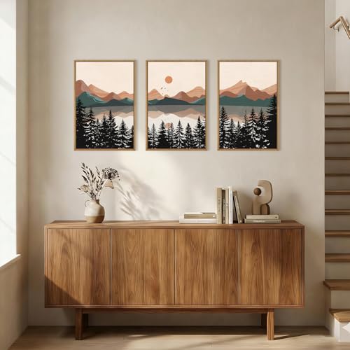 Image of KAIRNE Boho Mountain Sunset Framed Canvas Wall Art Set,Colorful Mid Century Forest Wall Decor,Beige Nature Pine Tree Art Prints,Abstract Modern Landscape Artwork for Living Room,Bedroom,Farmhouse,Office-16 inchx24 inchx3
