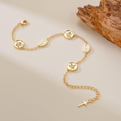 Gold Bracelets For Women 14K Gold Bracelet For Women Jesus Cross Bracelet For Womens Religious Cupid Coin Link Chain Virgin Mary Bracelets For Womens3