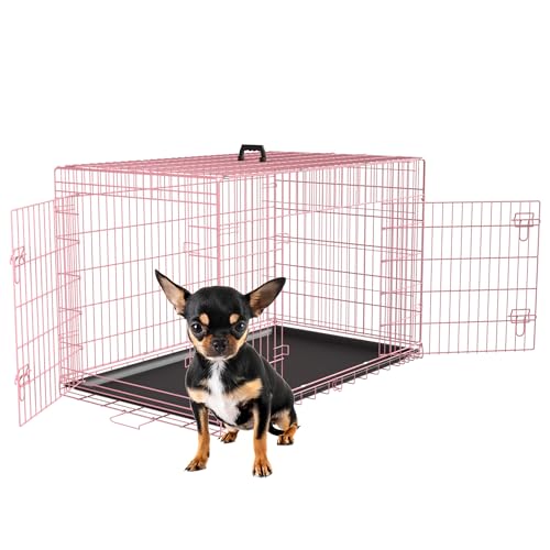 FDW 24 inch Dog Crate Dog Kennel Cage with Double Door Folding Metal Wire Dog Cage with Removable Tray&Divider Panel Pet Crate for Small Dogs Pink