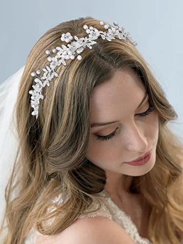 IYOU Crystal Bridal Hair Vines Leaf Silver Wedding Headband Pearl Flower Bride Bridesmaid Hair Accessories for Women - Image 3