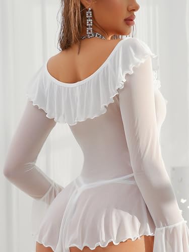Image of OYOANGLE Women's 2 Piece Off Shoulder Long Sleeve Ruffle Mesh Sheer Nightgowns with Thongs Babydoll Lingerie Set
