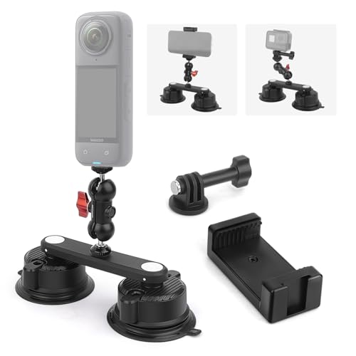 Mechrig Dual Suction Cup Car Mount with Phone Holder,360°Adjustable for Action Cameras & Smartphones,Windshield,Dashboard,Boat Mount for GoPro Hero 13/12/11/10,DJI OSMO Action,Insta360 X4/X3,and More - image 1