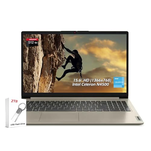 Image of Lenovo Ideapad 1 Laptop, 15.6 inch HD (1366x768) Anti-Glare, Intel Celeron N4500, 4GB PRAM 640GB Storage(128GB eMMC+512GB Card),WiFi6, Bluetooth, Window11, Sand, w /2TB Flash Drive, W /GaLiMu