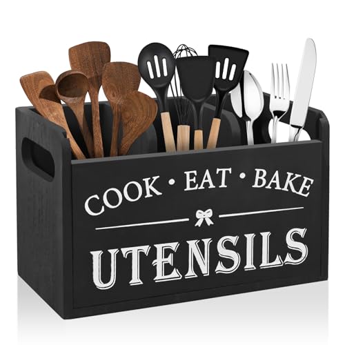 Kitchen Utensils Holder - Black Utensil Holder Cooking Utensil Organizer with 3 Compartment Drainage Bottom Wooden Cutlery Storage Holder Farmhouse Cutlery Caddy Cooking Tools Storage for Countertop