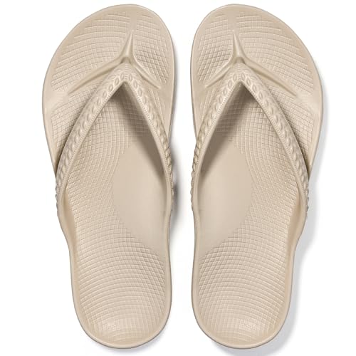 Litfun Women's Arch Support Flip Flops for Plantar Fasciitis Orthopedic Thong Sandals Comfortable Summer Beach Pool Slides, Khaki 37