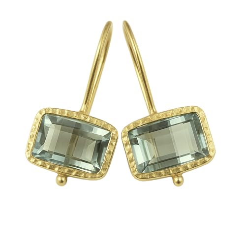 Boucles d'oreilles améthyste verte pendantes rectangle et bijoux argent plaqué or