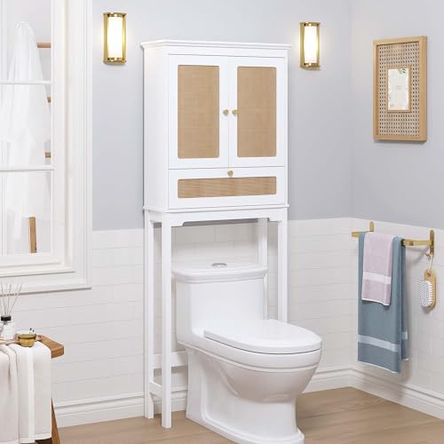 Spirich Over The Toilet Storage Cabinet with Rattan Doors, Over Toilet Bathroom Organizer with Tilt-Out Cube and Adjustable Shelf