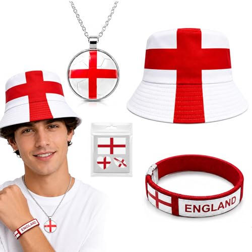PUQGAOIP 4 Pcs England Bucket Hat Set St Georges Cross Sun Hat with Football Necklace Bracelet and Face Tattoos Essential England 2026 Merchandise and Fun England Accessories