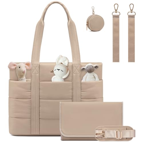 LOVEVOOK Diaper Bag Tote, Puffer Baby Diaper Bag with Insulated Pocket,15.6inch Travel Diaper Tote with Pacifier Case and Changing Pad
