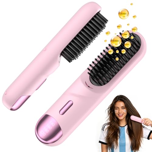 Go Brush Pro for Short Hair Hair Straightener Brush Cordless & Portable with 300M Negative Ions 4 Temps Fast Heating Game Day Ready Styling Tool for Watch Parties Travel & Daily Use Pink