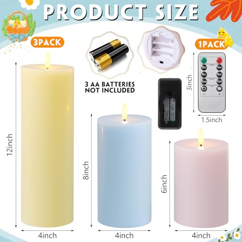 Image of Retisee 3 Pcs Easter 6 /8 /12 Inches Large Flameless LED Candles with Remote and 2 /4 /8 H Timer Yellow Pink and Blue Battery Operated Wax Flickering Candles for Spring Party Wedding Room Home Decor