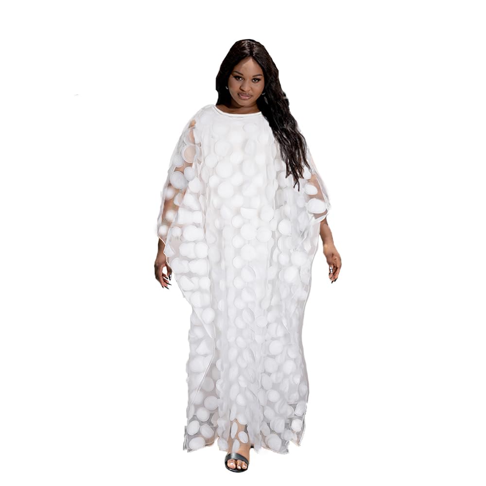 HD Afircan Women Applique Flower Dress Boat Neck Caftan Chiffon Gown One Size, White-Polka Dot2, One Size