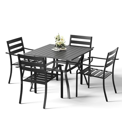 HOMREST 5 Piece Outdoor Patio Dining Set for 4, 37' Square Metal Table with Umbrella Hole and Storage Shelf, Stackable Wrought Iron Chairs, Patio Furniture Set for Deck/Backyard/Poolside/Garden