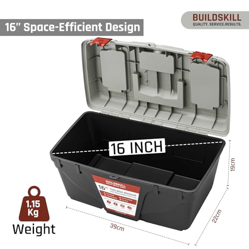 Image of BUILDSKILL 16 inch Medium Tool Box for Home | Convenient Top Lids & Removable Tool Tray | Secure Latch Lock | Key Hole | Heavy Duty Impact Resistant Body | Ideal Repair Toolbox for DIY & Professional Use