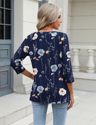 Image of Zeagoo Tops for Women 2026 Summer 3 /4 Length Sleeve T Shirts Dressy Casual V Neck Floral Blouses Vacation Clothes