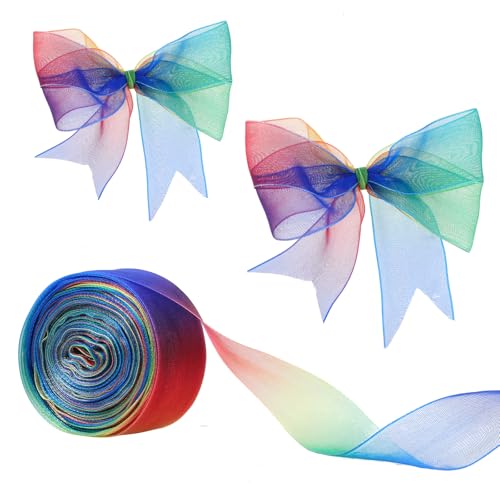Image of cobee 25 Yards Rainbow Ribbons, Organza Chiffon Ribbon for Gift Wrapping, Rainbow Satin Ribbon for Gift Wrapping Wedding Party Decoration(25 Yards)