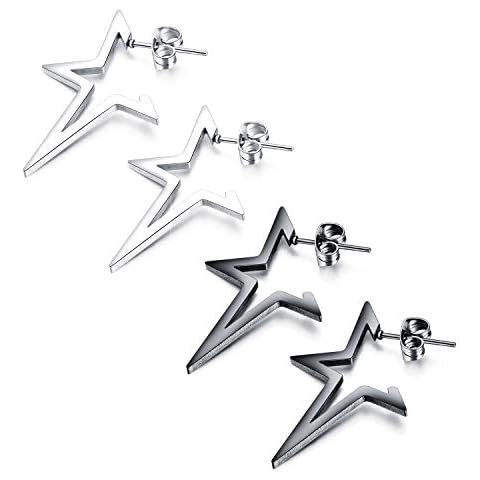 Mishow Punk Hip Hop Style Men's Women's Retro Stainless Steel Half Star Shape Ear Stud Earrings Silver/Black Tone Cover