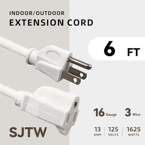 Image of 6ft Outdoor Extension Cord for Christmas Decorations - 16 /3 Heavy Duty SJTW Waterproof White Electrical Cable with 3 Prong Grounded Plug for Safety, Great for Lawn and Major Appliances