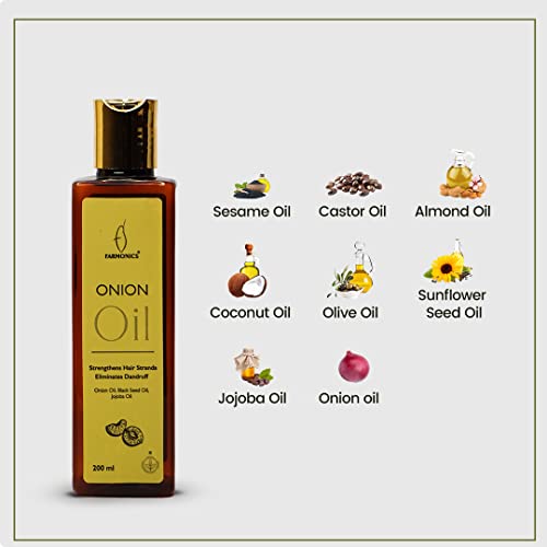 Farmonics Onion Hair Oil Enriched With Natural Coconut Oil, Black Seed Oil & Jojoba Oil, For Longer, Stronger And Healthier Hair | Ideal For Hair Loss & Dandruff | No Silicones&Parabens| 200Ml #TOP2