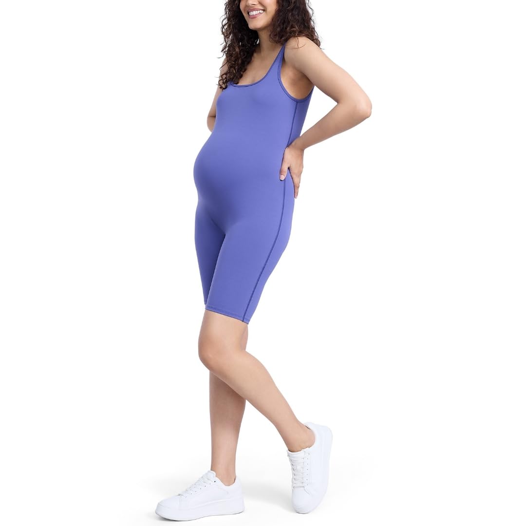 Motherhood Maternity Women's Active Bodysuit Short Unitard Pregnancy Romper, Skipper Blue, L
