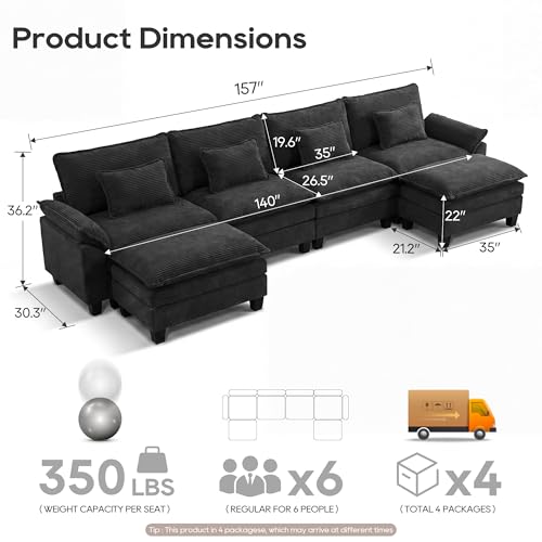 Image of URRED Oversized Modular Sectional Sofa,Solid Black:157 inch U Shaped
