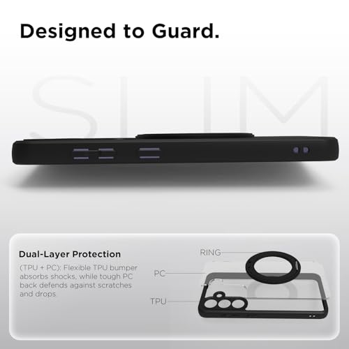 Image of RIGGEAR Shockproof Sleek Hybrid Armor 360 Rotating Magnetic Ring Stand Back Cover Case Compatible with MagSafe Accessories for Samsung Galaxy S24 (Clear PC + Black TPU Bumper)