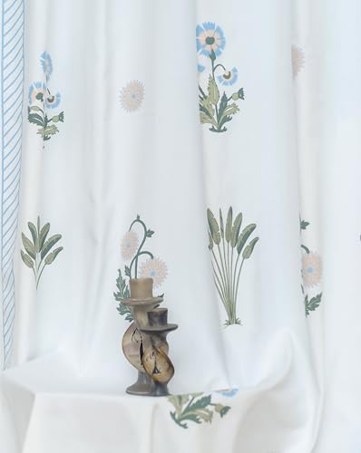 Image of Tranquebar Curtain Co. Cotton Curtains 7 Feet Long Set of 2, 60-65% Room Darkening, Blue Ethnic Curtains Palms Print, Door Curtains 7 Feet Set of 2, BackTabs, Bagh (213 cm) - Set of 2