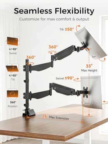 Image of suptek Dual Monitor Arm Desk Mount for 17-49 Inch Ultrawide Monitors, Heavy Duty Dual Monitor Mount Holds 44 lbs, Full Motion Gas Spring Vertical Stacked Monitor Mount, 75 /100 VESA Mount, Black