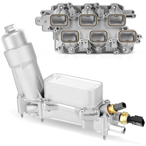 Image of Upgraded Full Aluminum Engine Lower Intake Manifold with Gasket ＆ Engine Oil Filter Housing with Oil Cooler Sensors and Gaskets Compatible with Dodge Charger Challenger Journey Jeep Wrangler