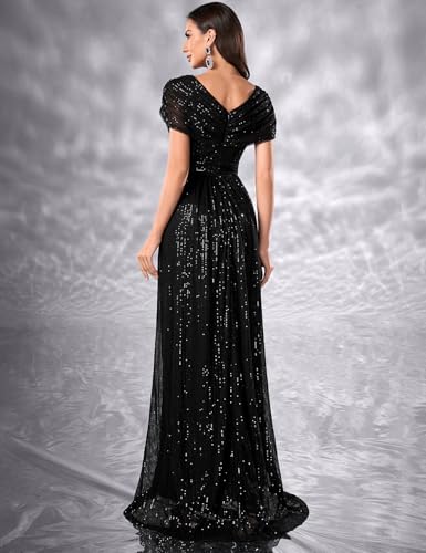 Image of Women's Sequin V-Neck Short Sleeve A-Line Evening Dress Elegant Evening Dresses Party Gowns