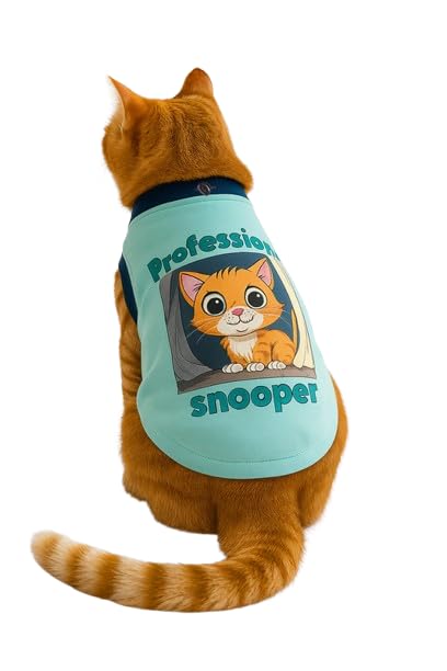 Image of Thunder Tails Printed Cat T-Shirt for Small to Large Cats & Kittens | Lightweight Breathable Cotton Pet Apparel | Cute & Stylish, Comfortable Round Neck Cat Clothes (S, Aqua)