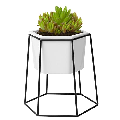Flexzion Pot de fleurs support géométrique avec pot blanc céramique de 11,5cm support en métal - Petit pot jardinière fleurs moderne décoratif mini cactus succulente herbes jardin extérieur intérieur Cover