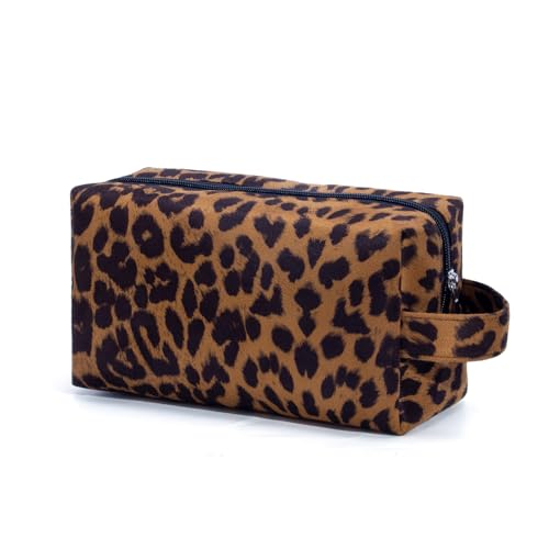 Makeup Bag For Women - Soft and Warm Material Cosmetic Bags Leopard Print Design Ladies Tote Bag,Women's Pencil Case Makeup Organizer with Zipper for women travel essentials (Brown)
