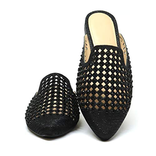 Sapatilha Mule Feminino Rasteira Sandália Diamantada (37, Preta)