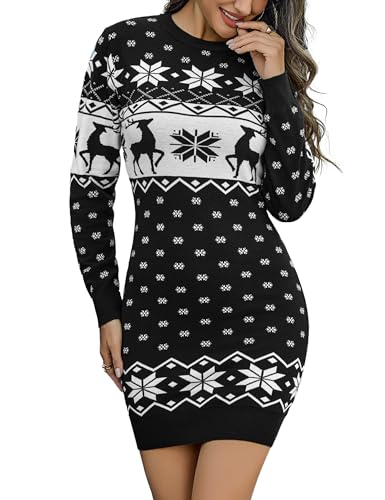 Bresdk Weihnachtskleid Damen Elegant Strickkleid Winter Langarm Weihnachten Strickpullover Pulloverkleid Party Midi Damenkleider Schwarz XXL