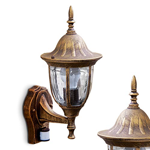 Preisvergleich Produktbild Außenwandleuchte Ribadeo m. Bewegungsmelder, Wandlampe aufwärts in antikem Look, Aluguß in Braun / Gold m. Klarglas-Scheiben, Wandleuchte für Terrasse / Hof m. E27-Fassung, max. 60 Watt, Retro / Vintage