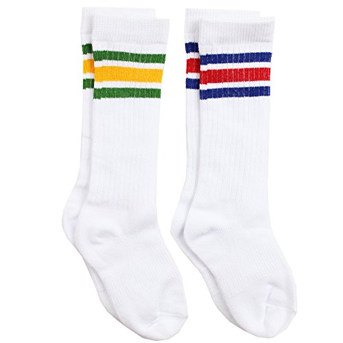 juDanzy Knee High Tall Baby, toddler & kids Socks WITHOUT Grips (6-10 Years (Size 1-7), Blue & red and Green & Yellow)