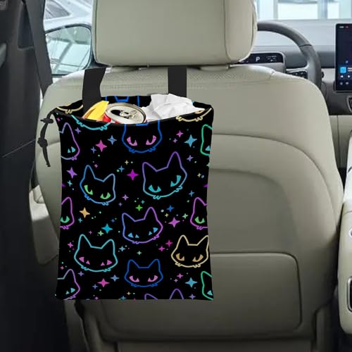 Image of Car Trash Bag Colorful Neon Cat Heads Car Garbage Bag Hanging Car Trash Can for Back Seat with Drawstring, Waterproof Garbage Bags for Accessories Vehicle Travelling Camping Outdoor