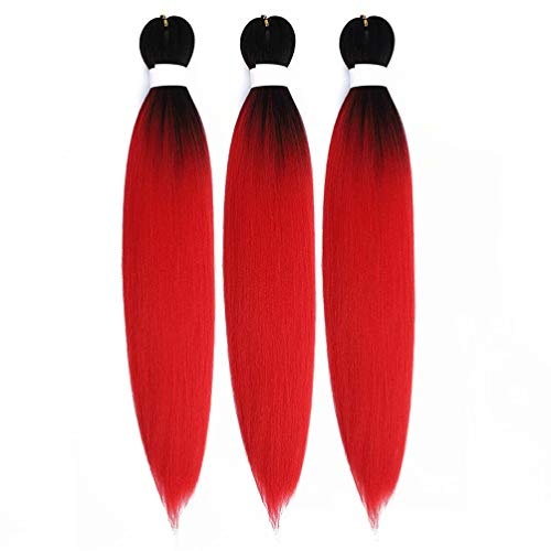 Ombre Pre Stretched Braiding Hair 3 Packs 24 Inch Red Color 24 Inch Yaki Texture Crochet Braids Hot Water Setting Synthetic Hair Extension for Braids