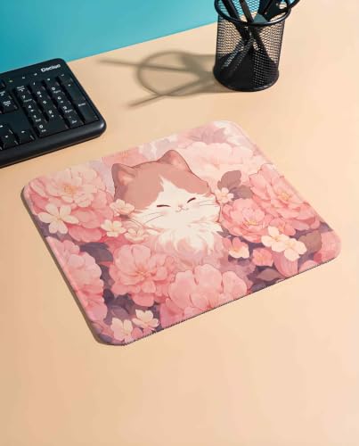 Image of Mouse Pad for Laptop & Desktop | 9x7 Inch Anti-Fray Stitched Edges | Non-Slip Rubber Base | Desk Setup Accessory for Students, Gamers & Professionals (Pink Kitty)
