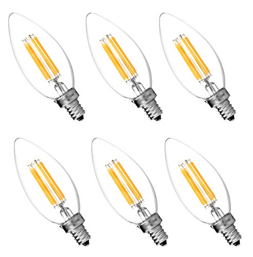 Hyperikon LED B11 Dimmable Filament Candle, 4W=40W, E12 Base, CRI90+, Blunt Tip, UL, Soft White, 6 Pack