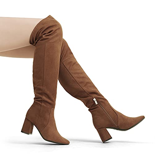 DREAM PAIRS DREAM PAIRS Women's DOB213 Thigh High Over the Knee Fashion Chunky Heel Long Boots,Brown Suede, Size 9